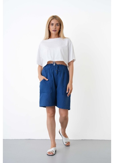 The Voler Müslin Şort Kadın Yüksek Bel Oversize Rahat Kesim Cepli %100 Pamuklu Yazlık Şort Mavi The Voler Müslin Şort Kadın Yüksek Bel Oversize Rahat Kesim Cepli %100 Pamuklu Yazlık Şort Mavi