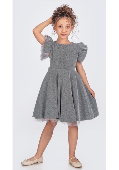 Mnk Baby & Kids Simli Şanzelize Kız Çocuk Abiye Elbise M00669 Gri