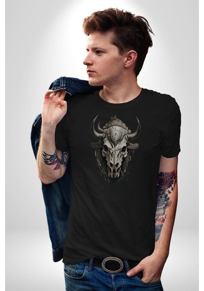 Bizon İnek Kafatası Kurumuş Unisex Unisex Siyah Organik Baskılı T-shirt Penye Yüksek Kalite Siyah