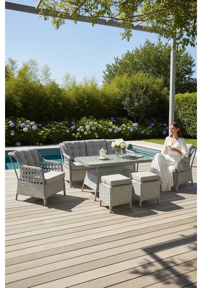 Sun Patio Helena Gümüş Gri Alüminyum 3+1+1 Bahçe & Balkon Takımı