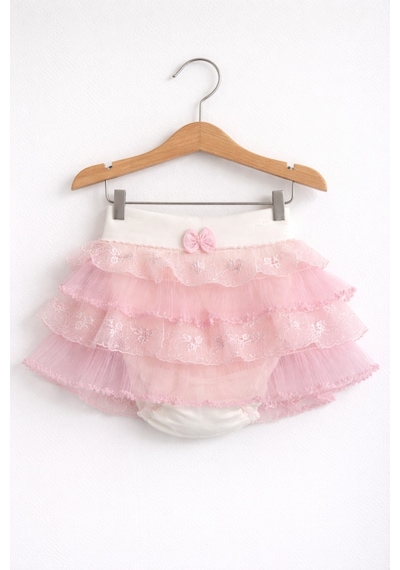 Kardeşler Bebe Kız Bebek Tüllü Fırfırlı Külotlu Etek Ekru-Pembe