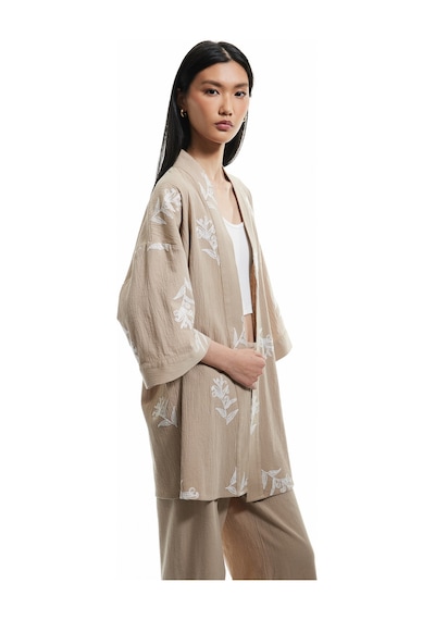Koton Pamuklu Geniş Kollu Nakışlı Çiçekli Uzun Kimono Vizon 5sak50034pw