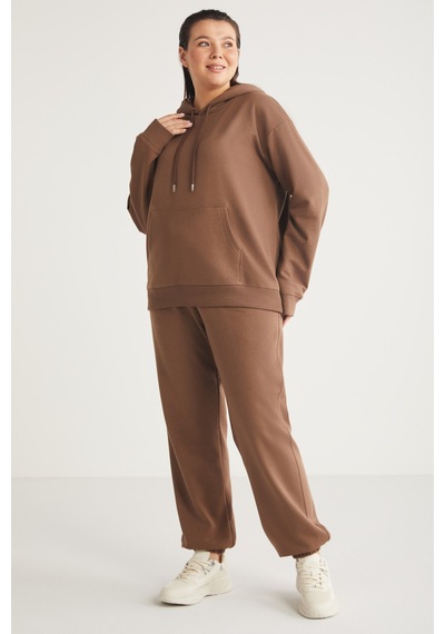 ETHIQUET TEREZABB Kadın Içi Polarlı Yumuşacık Comfort Fit Kapüşonlu Kanguru Cep Kahverengi Büyük Beden Sweatshirt