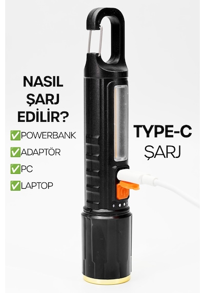 Şarjlı El Feneri 5 Mod Karabina Askılı Cob Led Kamp Lambası Acil Durum Işığı 7149 Siyah