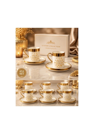6 Kişilik Gold Yaldızlı Porselen Kahve Fincan Takımı 100ml Beyaz