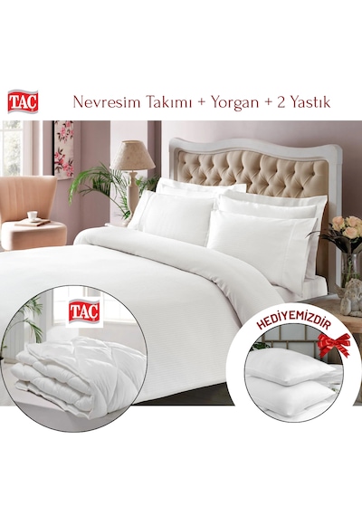 Taç Çift Kişilik Premium Basic Stripe Saten Nevresim Takımı Yorgan Yastık Beyaz