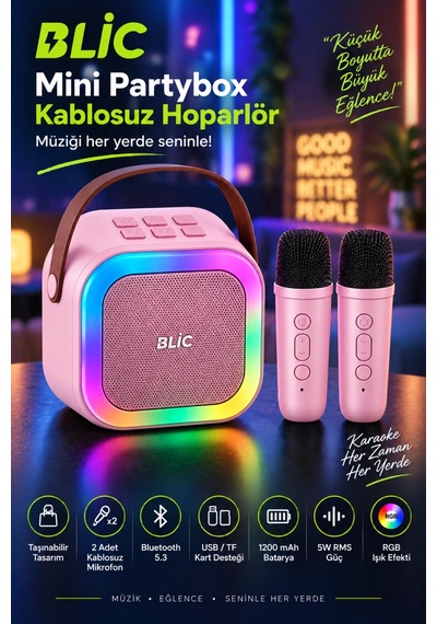 Blic Bls-97 Pembe Partybox Çift Kablosuz Mikrofonlu Rgb Led Işıklı Taşınabilir Bluetooth Hoparlör