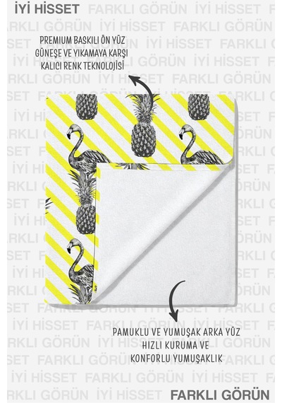 Flamingo Ananas Tropikal Çizgili Plaj Havlusu - Sarı Beyaz Modern Marine Hızlı Kuruyan Havlu Örtü Bulut Esinti