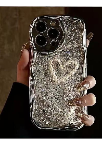 Caş Dekorasyon Gümüş Renk Kalp Figürlü Simli 14 Pro Max Telefon Kılıfı Gümüş