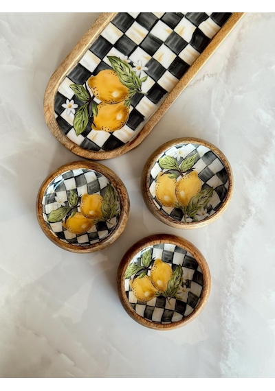 Crearthome Linda 4 Lü Çerezlik Seti Mango Ağacı Servis Sunum Tabağı Limon Desen Miss9663-43 çok renkli
