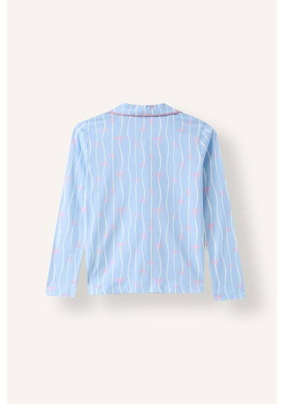 Defacto Dalga Desenli Gömlek Yaka Üst Geniş Paça Alt 2li Pijama Takımı Kız Çocuk I1882a826aube791 Mavi-be791
