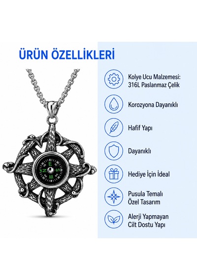 Paslanmaz Çelik Çalışır Durumda Marine Ve Gotik Tarz Pusula Kolye