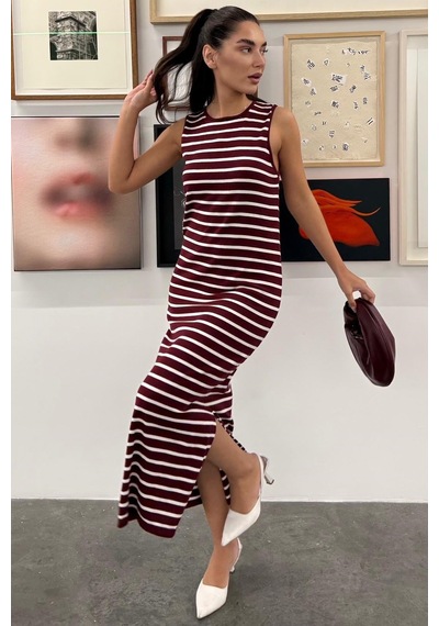 Madmext Bordo Bisiklet Yaka Çizgili Günlük Elbise Mg2803