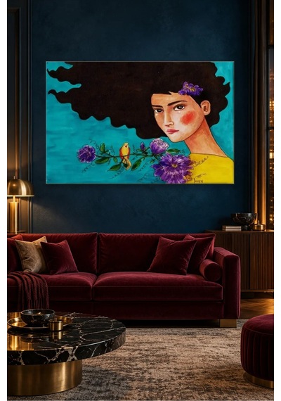 Fida Turkuaz Fonda Kuşlu Ve Çiçekli Kara Saçlı Kız Canvas Tablo Çok Renkli
