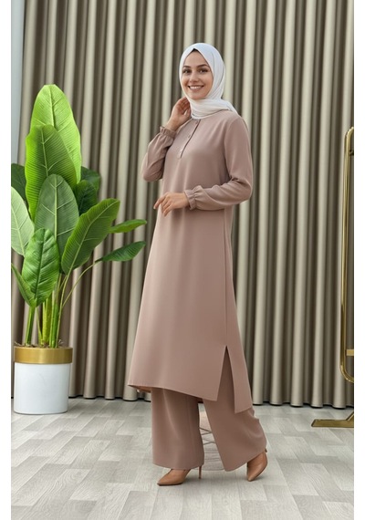 Mismoly Tesettür İkili Takım Uzun Tunik Bol Paça Pantolon 4006-bej Bej
