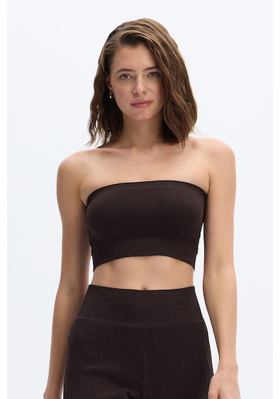 SubTone Dikişsiz Rib Dokulu Straplez Crop Top Koyu Kahve Kahverengi