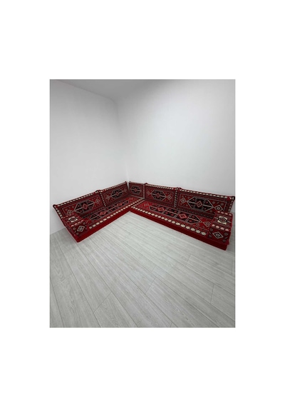 Sedir Deseni Şark Köşesi Takımı Yer Minderi Seti Sünger Dahil 9 Parça Çökmeyen Sünger Kırmızı