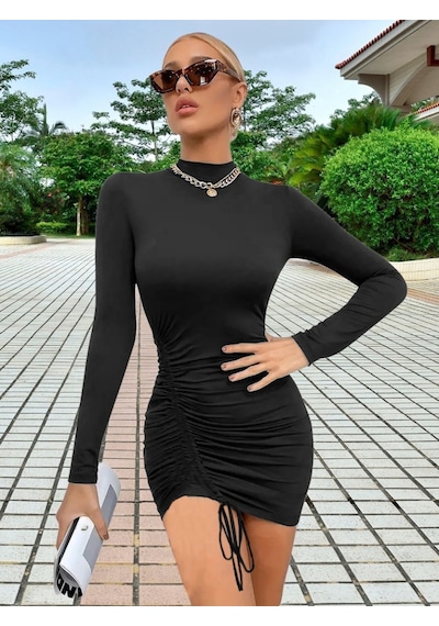 Nnstartshopping Kadın Uzun Kol Sağ Belden Sol Etek Ucuna Doğru Hafif Çapraz Büzgülü Sandy Mini Boy Elbise Siyah