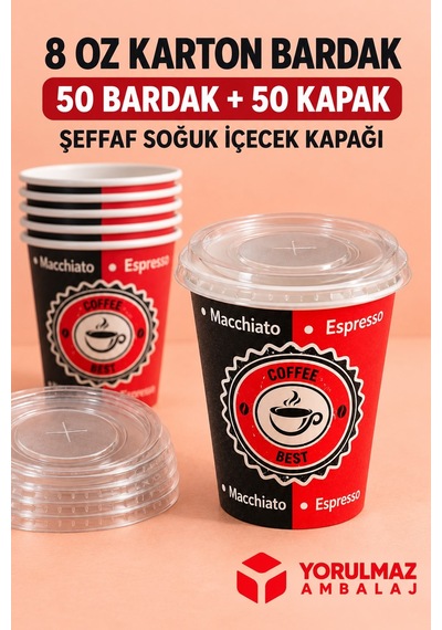 8 Oz Kapaklı Karton Bardak Soğuk İçecek Uyumlu Sızdırmaz Kağıt Bardak 50 Adet Renkli