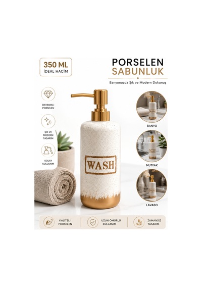 Porselen Wash Yazılı Altın Kapaklı Sıvı Sabunluk Şık Modern Banyo Aksesuar Krem - 777968624 Krem