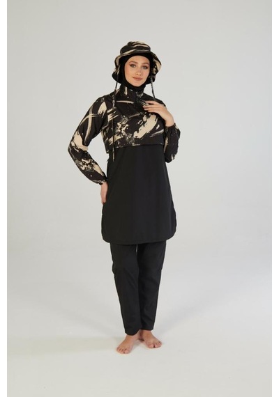 Estiva 26973 Siyah Brushstroke Tam Kapalı Croplu Şapkalı Pantolonlu Tesettür Mayo