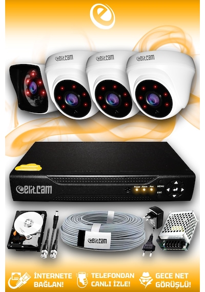 Elitcam 4 Kameralı Kare 3 İç Kamera Set 250 GB HDD Full HD Gece Görüşlü Güvenlik Kamerası Sistemi