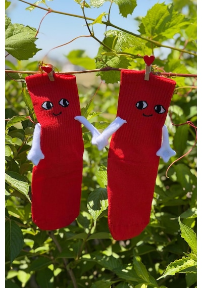 Lousocks Unisex Kırmızı Elele Tutuşan - Halay Çeken Çorap 1 Çift - Sevimli Yüz İfadeli Soket Çorap