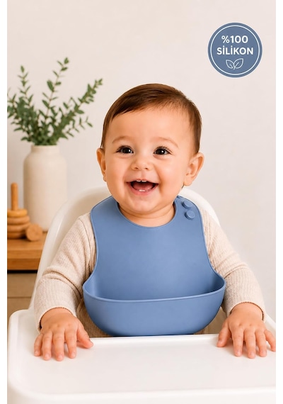 Tr Bpa İçermeyen %100 Silikon Bebek Mama Önlüğü Kaydırmaz Cepli Bebek Önlüğü Mavi