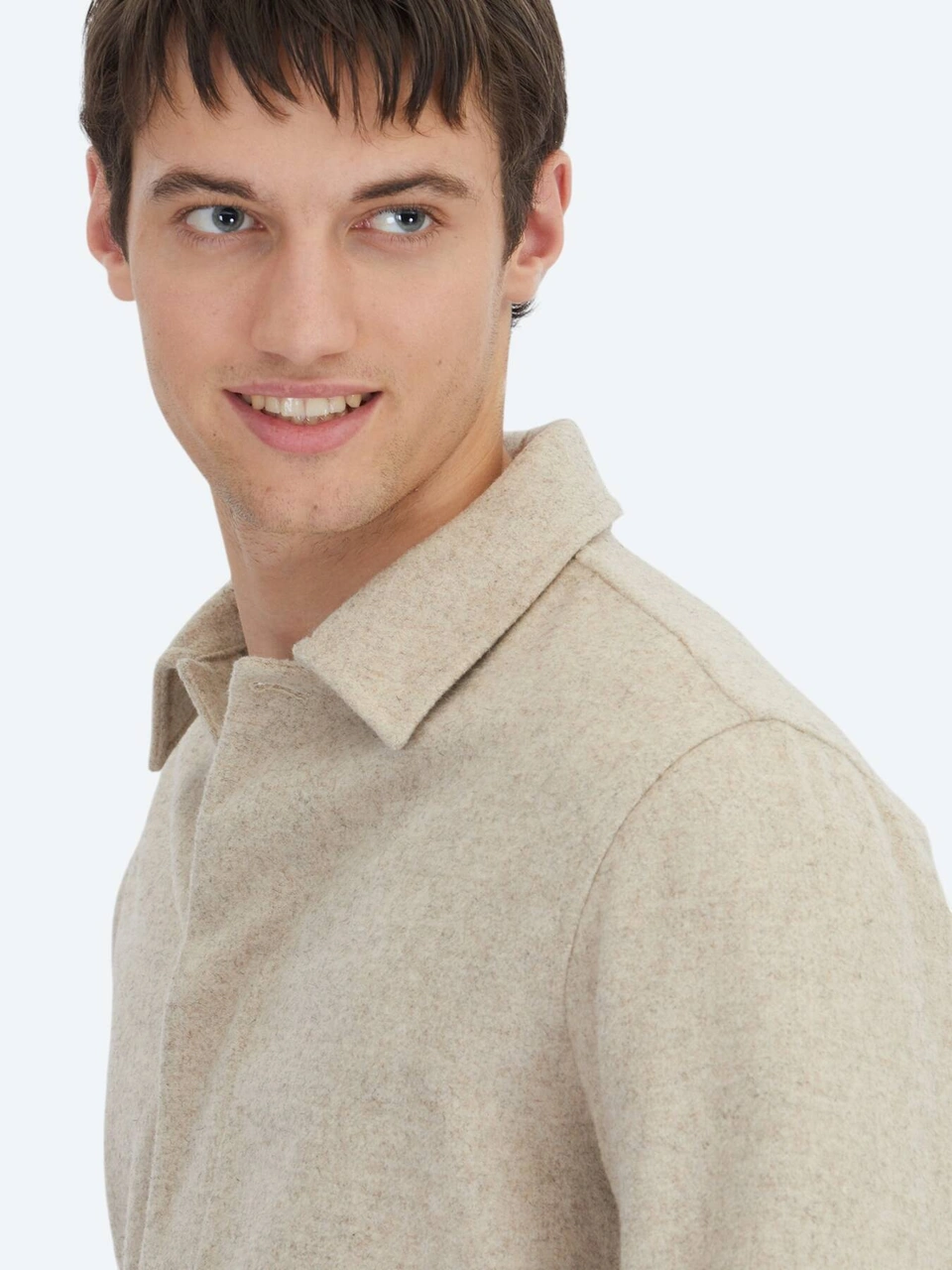 Kip Bej Oversize Fit Dokuma Yün Karışımlı Overshırt Bej