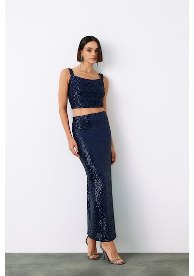 Sateen Pul Payetli Midi Etek - Lacivert-135193 Lacivert