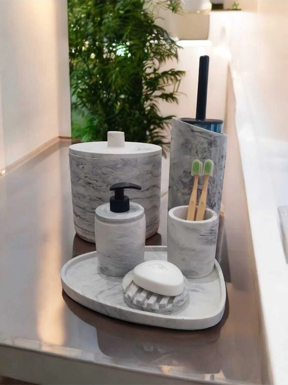 Mermer Desen Tam Beton Banyo Seti,tuvalet Fırçası,çöp Kovası,katı,sıvı Sabunluk,tepsi Gri