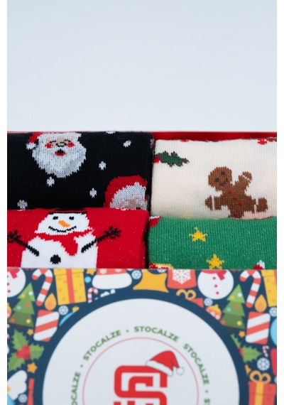 Stocalze Unisex Soket Çorap. Noel Ve Yılbaşı Temalı 4 Farklı Desenli Ve Renkli Kutulu Pamuklu Çorap Seti. Kırmızı - Yeşil - Siyah - Ekru