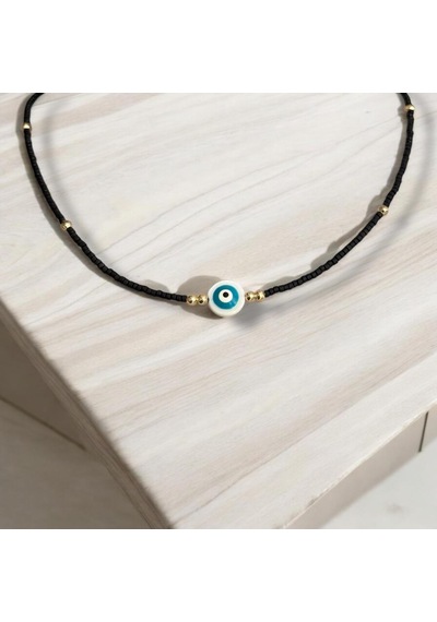 Kırmızı Sanat Evi Siyah Mini Boncuklu Nazar Boncuğu Uçlu Bijuteri Kolye
