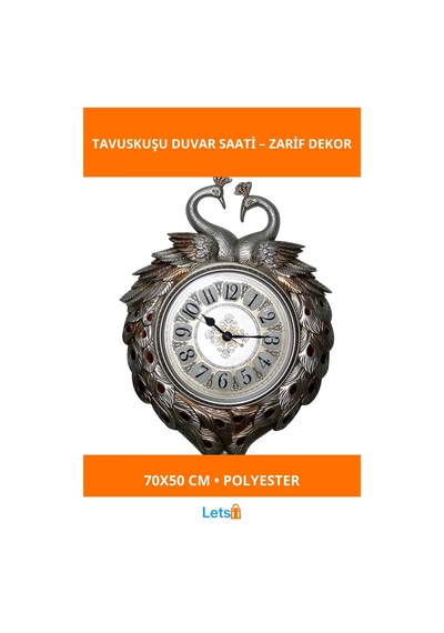 Görkemli Tavuskuşu Desenli Polyester Duvar Saati 70x50 Cm Çok Renkli
