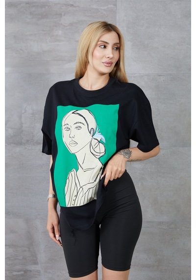 Cojans Kadın Silüet Baskılı Bisiklet Yaka Oversize T-shirt Çok Renkli