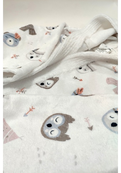 Night Owl Dijital Baskılı Çocuk Bornozu Gri - Beyaz