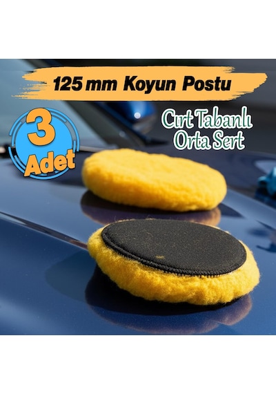 Sarı Renk 3 Adet Orta Sert Koyun Kuzu Postu Pedi Ø 125 Mm Pasta Cila Polisaj Cırt Tabanlı Yün