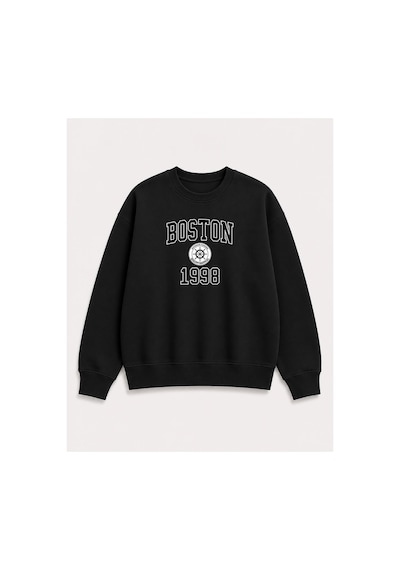 Herkesemoda Boston Baskı Detaylı Bisiklet Yaka Şardonlu 2 İplik Sweatshirt Siyah