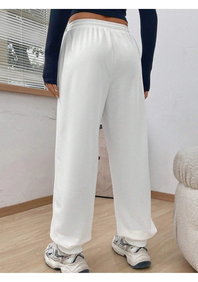 Letter Graphic Drawstring Waist Slant Pocket 4 Mevsim Eşofman Beyaz