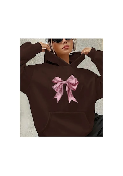 Herkesemoda Pembe Kurdele Baskılı Kapşonlu Sweatshirt Kahverengi
