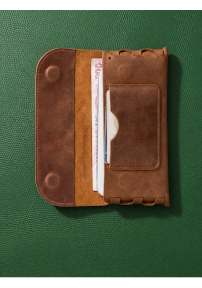Vintage Leather Craft Hakiki Deri El Portfoyü Telefon Bölmeli Açık Kahverengi - Taba