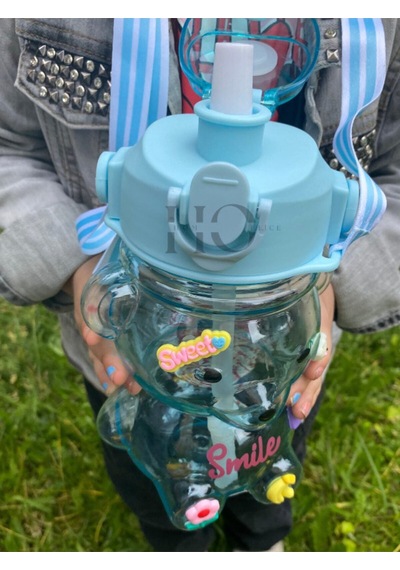 Smile Ayıcık Model Su Matarası Su Şişesi Suluk 1000ml Bpa Içermez Suluk 3d Sticker Hediye Mavi Plast Diğer