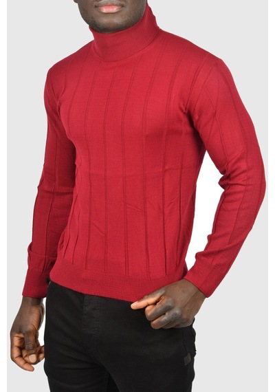 Deepsea Erkek Bordo Slim Fit Likralı Tam Balıkçı Yaka Çizgili Boğazlı Kazak 2505504 Bordo