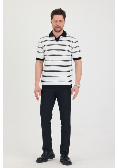 Tarz Cool Erkek Polo Yaka Çift Çizgi Detaylı Triko T-shirt Beyaz
