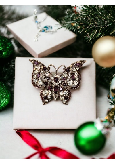 Black Diamond Swarovski Taşlı Kelebek Broş Mor