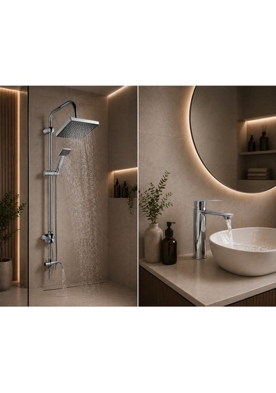 Lüx Premium Krom Robot Duş Seti Sabit Lavabo Bataryası 2'li Avantaj Seti Modern Tasarım Gri