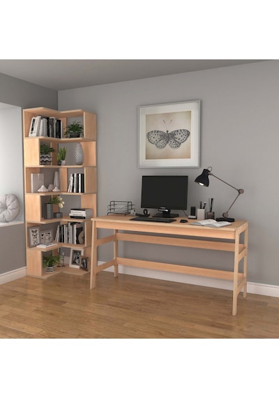 Woodesk Bohem, Ahşap, Masa Ve Köşe Kitaplık Takımı, Natural Renk Naturel