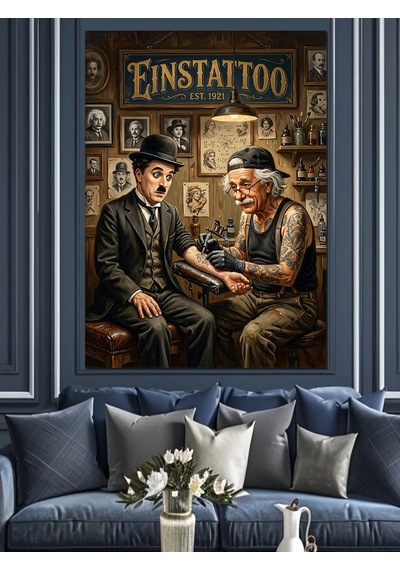 Charlie Chaplin Dövmeci Dükkanı Sahne Dekoratif Kanvas - Mdf Ahşap Tablo