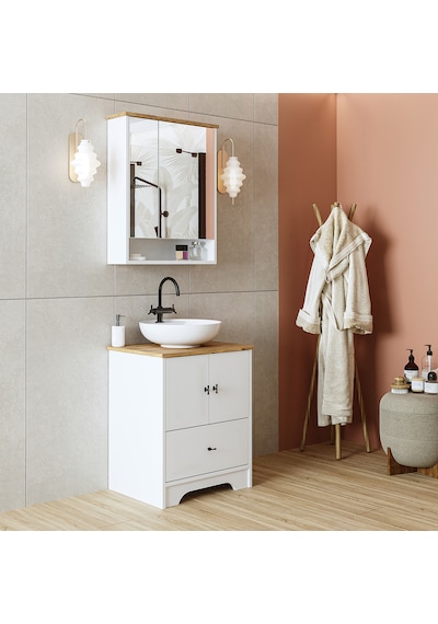 Ayaklı 2 Kapaklı Lavabolu Mdf 60 Cm Çekmeceli Banyo Dolap Aria Atlantik Çam - Beyaz Ayaklı 2 Kapaklı Lavabolu Mdf 60 Cm Çekmeceli Banyo Dolap Aria Atlantik Çam - Beyaz