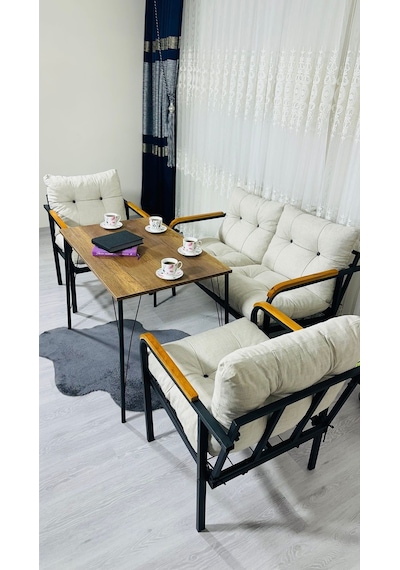Madame Home Kadife Balkon, Bahçe,teras,cafe - Salon - Metal Kanepe Koltuk Takımı - 2+1+1 + Masa Krem